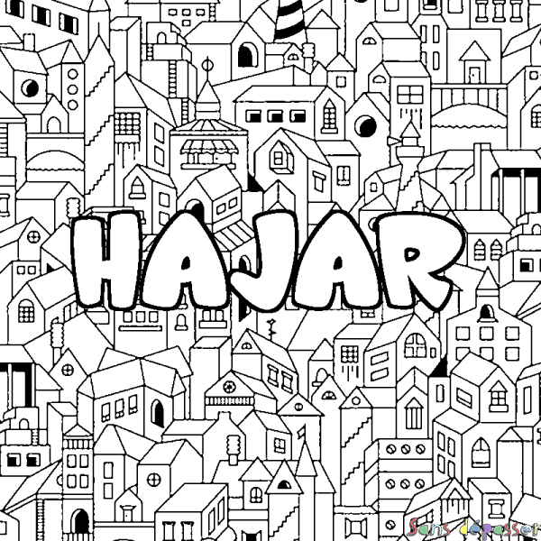 Coloriage pr&eacute;nom HAJAR - d&eacute;cor Ville
