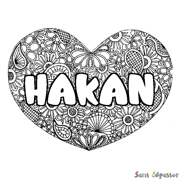Coloriage prénom HAKAN - d&eacute;cor Mandala coeur