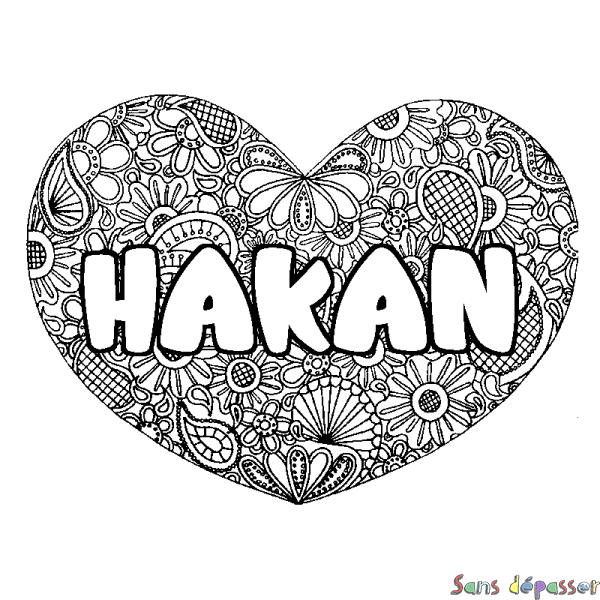 Coloriage pr&eacute;nom HAKAN - d&eacute;cor Mandala coeur