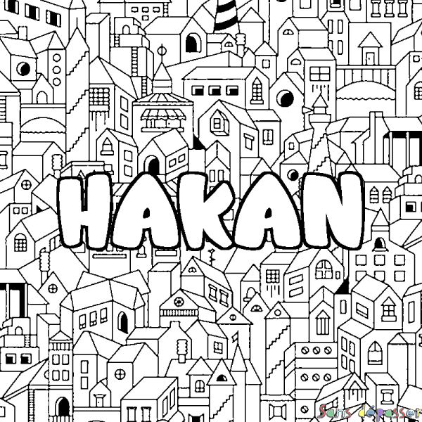 Coloriage pr&eacute;nom HAKAN - d&eacute;cor Ville