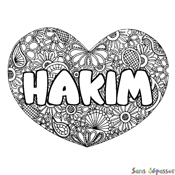 Coloriage prénom HAKIM - d&eacute;cor Mandala coeur