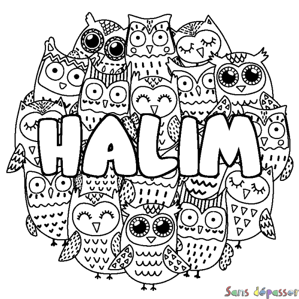 Coloriage pr&eacute;nom HALIM - d&eacute;cor Chouettes