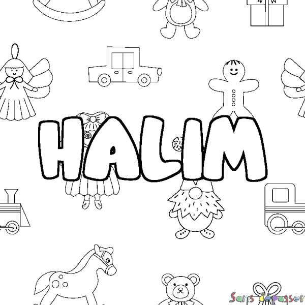 Coloriage pr&eacute;nom HALIM - d&eacute;cor Jouets