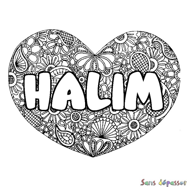 Coloriage pr&eacute;nom HALIM - d&eacute;cor Mandala coeur