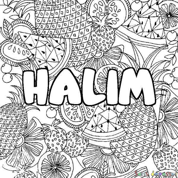 Coloriage pr&eacute;nom HALIM - d&eacute;cor Mandala fruits