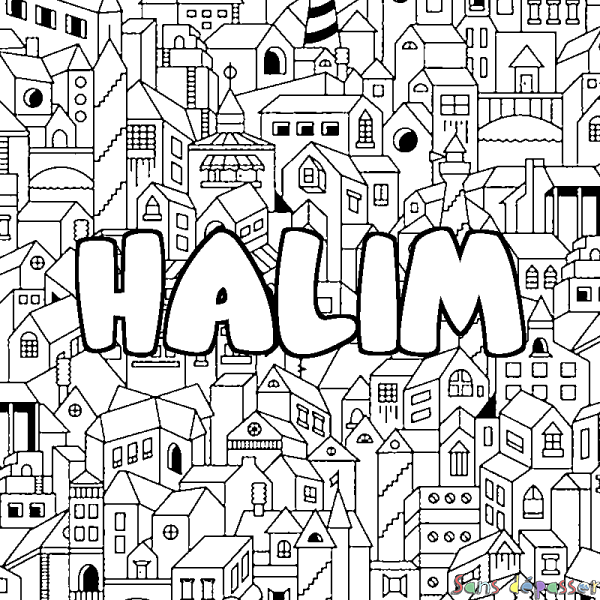 Coloriage pr&eacute;nom HALIM - d&eacute;cor Ville
