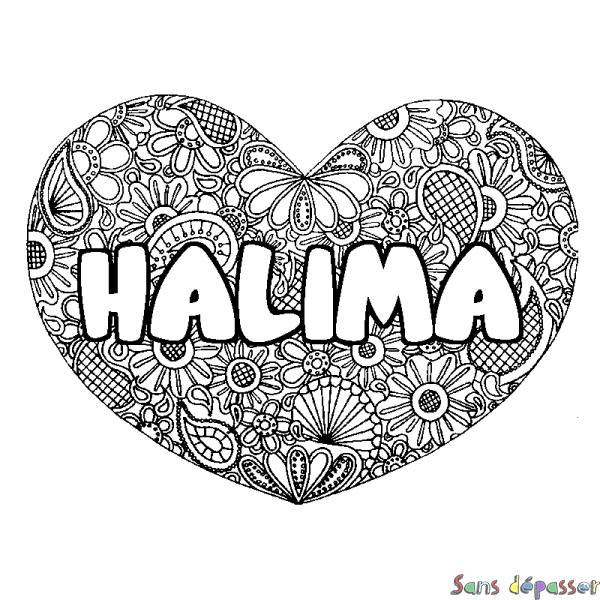 Coloriage pr&eacute;nom HALIMA - d&eacute;cor Mandala coeur