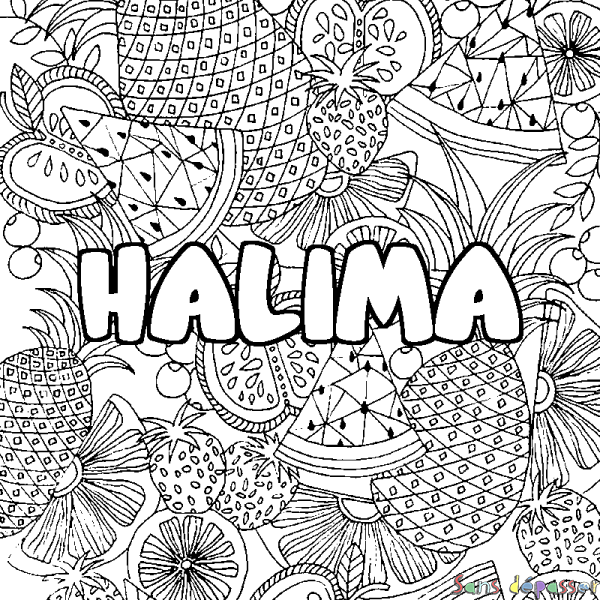 Coloriage prénom HALIMA - d&eacute;cor Mandala fruits