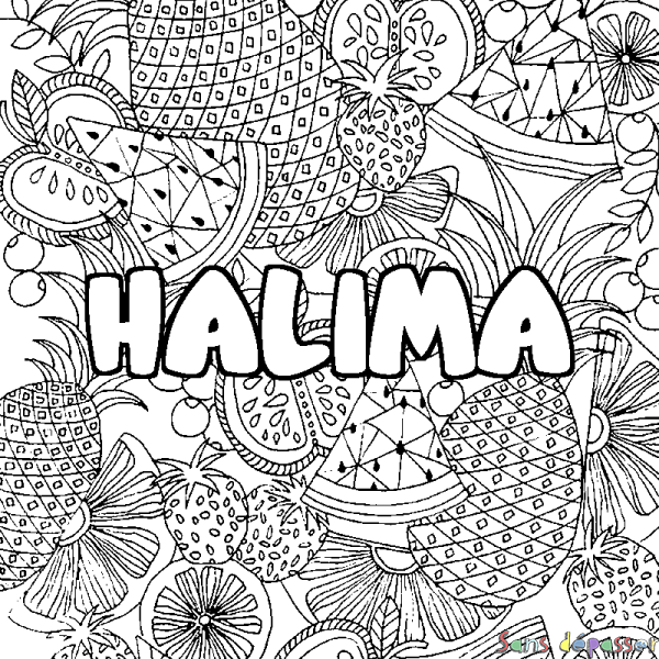 Coloriage pr&eacute;nom HALIMA - d&eacute;cor Mandala fruits