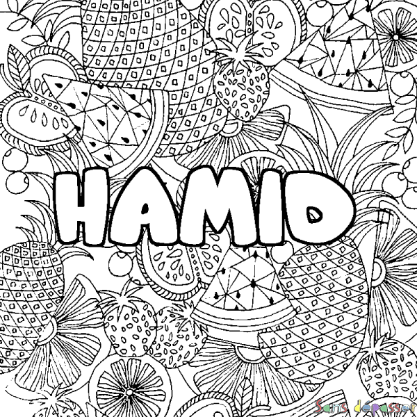 Coloriage pr&eacute;nom HAMID - d&eacute;cor Mandala fruits
