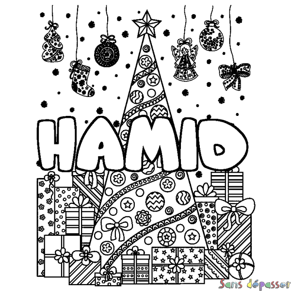 Coloriage prénom HAMID - d&eacute;cor Sapin et Cadeaux