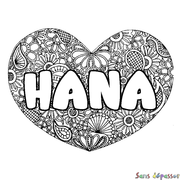 Coloriage prénom HANA - d&eacute;cor Mandala coeur