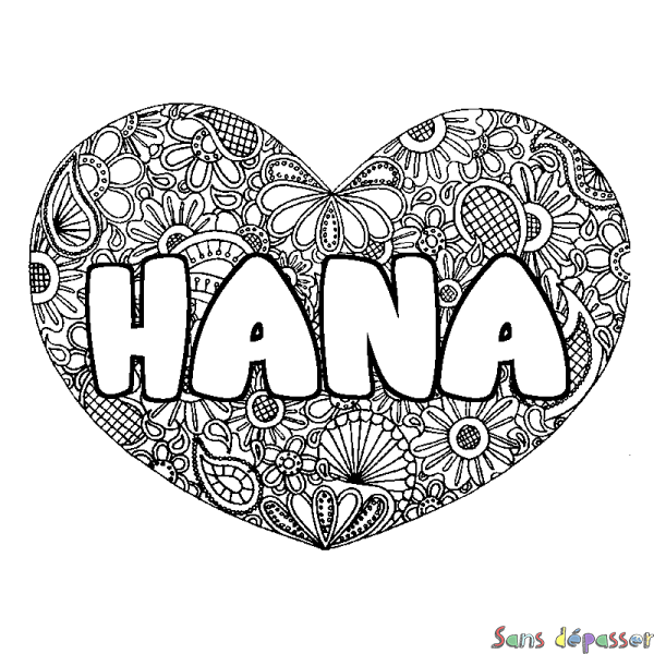 Coloriage pr&eacute;nom HANA - d&eacute;cor Mandala coeur