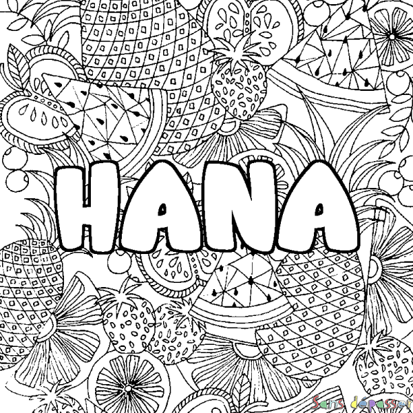 Coloriage prénom HANA - d&eacute;cor Mandala fruits