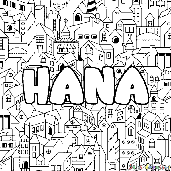 Coloriage pr&eacute;nom HANA - d&eacute;cor Ville