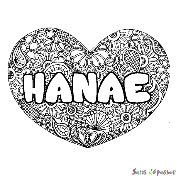 Coloriage pr&eacute;nom HANAE - d&eacute;cor Mandala coeur