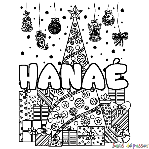 Coloriage prénom HANA&Eacute; - d&eacute;cor Sapin et Cadeaux