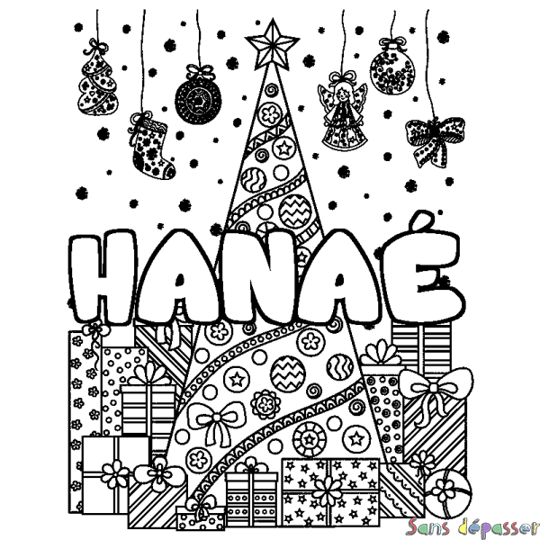 Coloriage pr&eacute;nom HANA&Eacute; - d&eacute;cor Sapin et Cadeaux