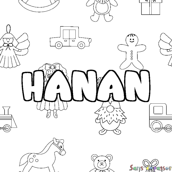 Coloriage pr&eacute;nom HANAN - d&eacute;cor Jouets