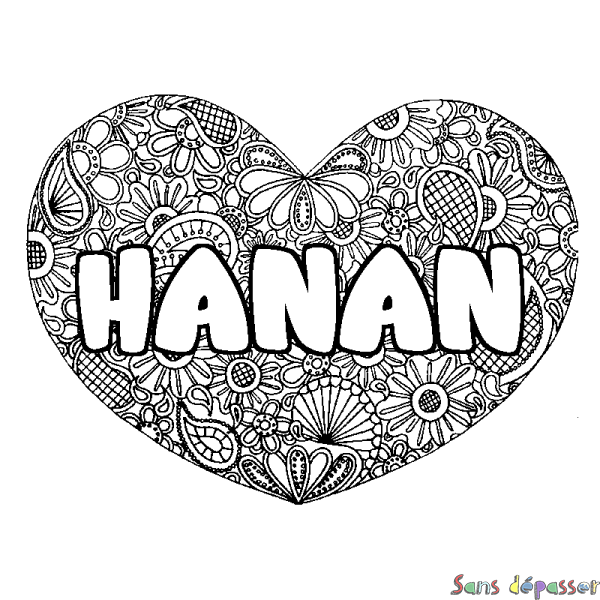 Coloriage prénom HANAN - d&eacute;cor Mandala coeur
