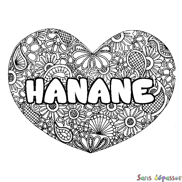Coloriage pr&eacute;nom HANANE - d&eacute;cor Mandala coeur