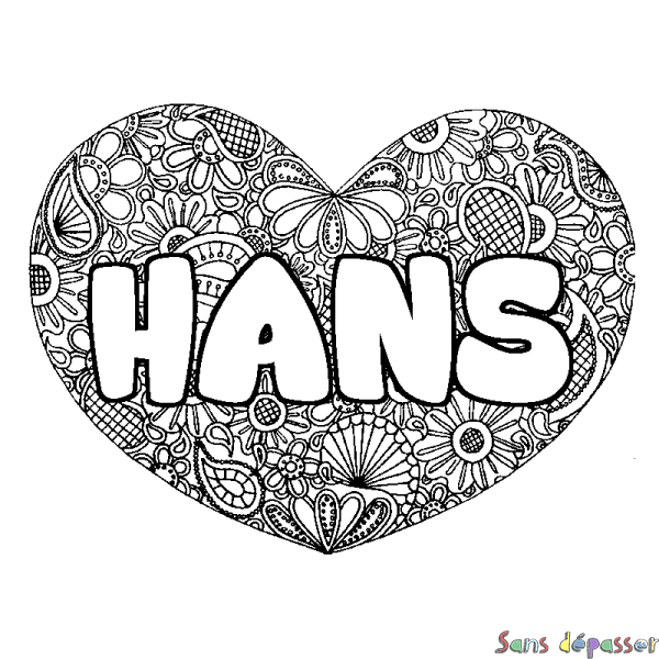 Coloriage pr&eacute;nom HANS - d&eacute;cor Mandala coeur