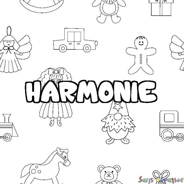 Coloriage pr&eacute;nom HARMONIE - d&eacute;cor Jouets