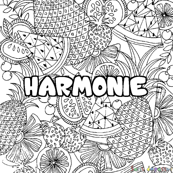 Coloriage pr&eacute;nom HARMONIE - d&eacute;cor Mandala fruits