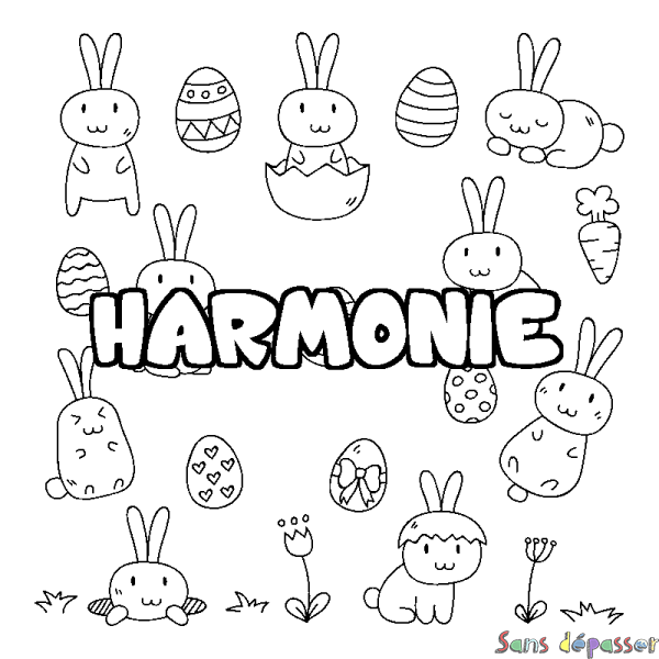 Coloriage pr&eacute;nom HARMONIE - d&eacute;cor Paques