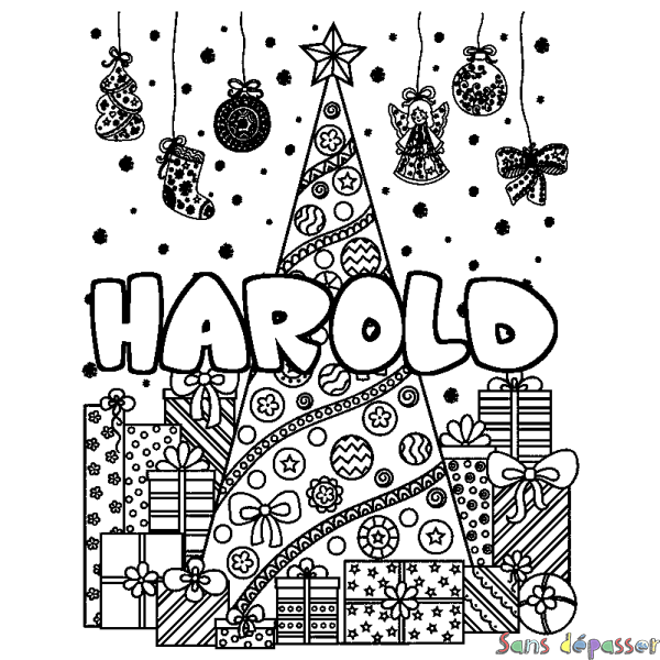 Coloriage prénom HAROLD - d&eacute;cor Sapin et Cadeaux