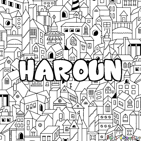 Coloriage prénom HAROUN - d&eacute;cor Ville