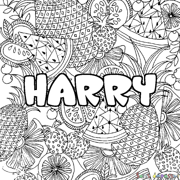 Coloriage pr&eacute;nom HARRY - d&eacute;cor Mandala fruits