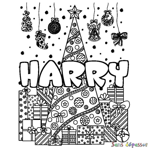 Coloriage pr&eacute;nom HARRY - d&eacute;cor Sapin et Cadeaux