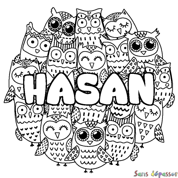 Coloriage pr&eacute;nom HASAN - d&eacute;cor Chouettes
