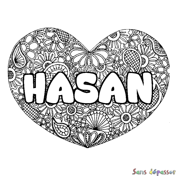 Coloriage pr&eacute;nom HASAN - d&eacute;cor Mandala coeur
