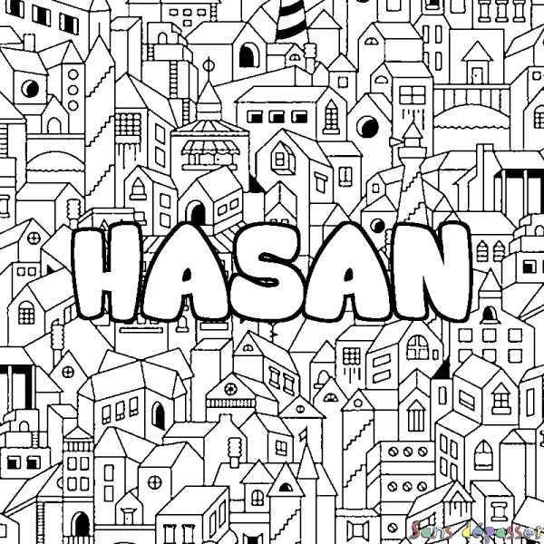 Coloriage pr&eacute;nom HASAN - d&eacute;cor Ville