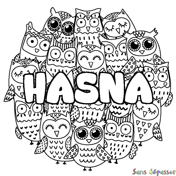 Coloriage pr&eacute;nom HASNA - d&eacute;cor Chouettes