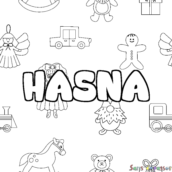 Coloriage pr&eacute;nom HASNA - d&eacute;cor Jouets