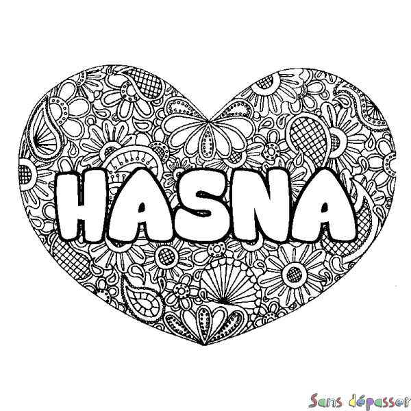 Coloriage pr&eacute;nom HASNA - d&eacute;cor Mandala coeur