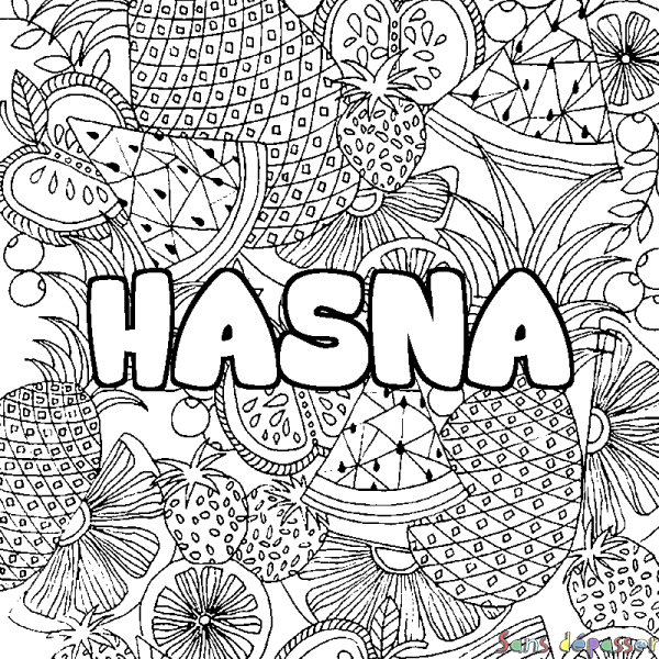 Coloriage pr&eacute;nom HASNA - d&eacute;cor Mandala fruits