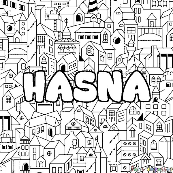 Coloriage pr&eacute;nom HASNA - d&eacute;cor Ville