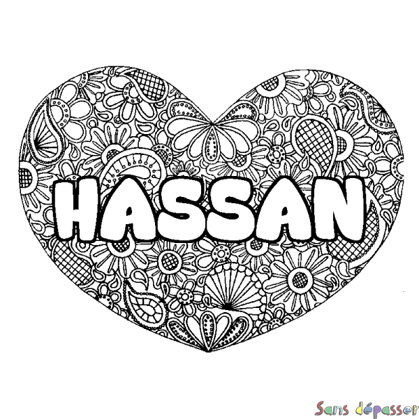 Coloriage prénom HASSAN - d&eacute;cor Mandala coeur