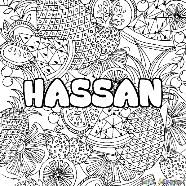 Coloriage prénom HASSAN - d&eacute;cor Mandala fruits