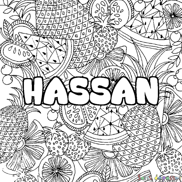 Coloriage pr&eacute;nom HASSAN - d&eacute;cor Mandala fruits