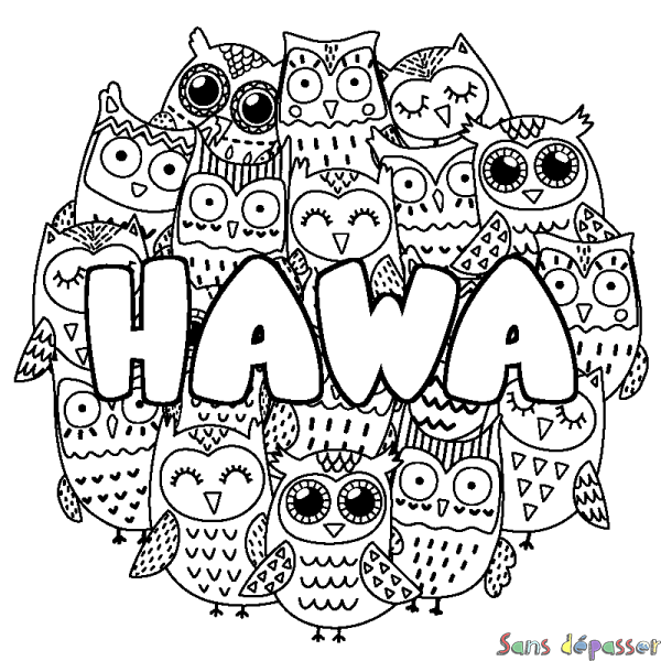 Coloriage pr&eacute;nom HAWA - d&eacute;cor Chouettes