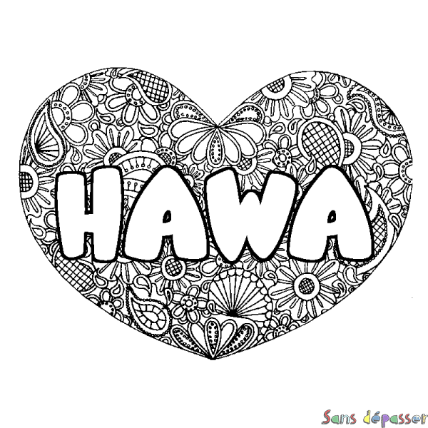 Coloriage prénom HAWA - d&eacute;cor Mandala coeur