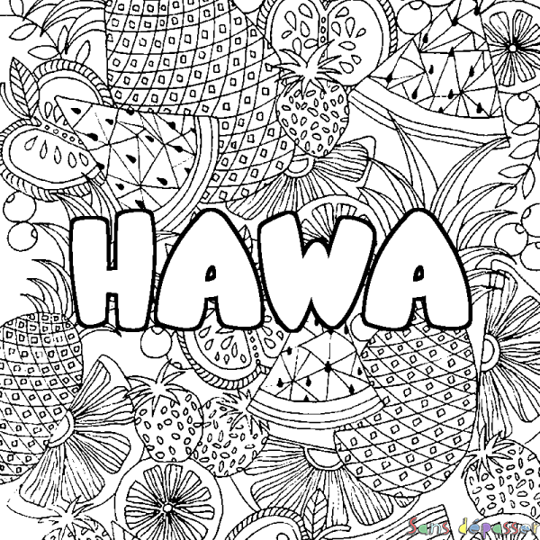 Coloriage pr&eacute;nom HAWA - d&eacute;cor Mandala fruits