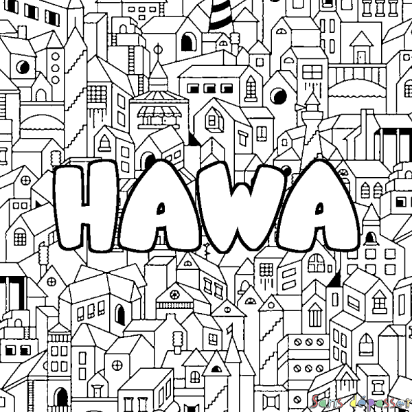 Coloriage pr&eacute;nom HAWA - d&eacute;cor Ville
