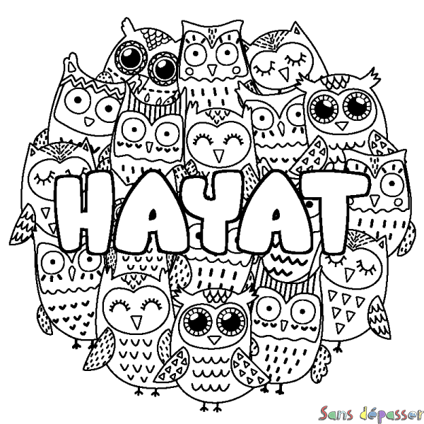 Coloriage pr&eacute;nom HAYAT - d&eacute;cor Chouettes