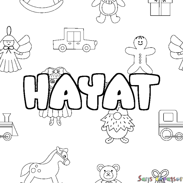 Coloriage pr&eacute;nom HAYAT - d&eacute;cor Jouets